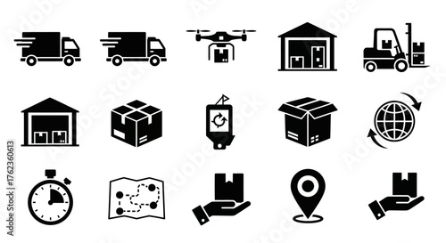 Logistics and Delivery Icon Set Shipping, Transportation, and Warehouse Elements