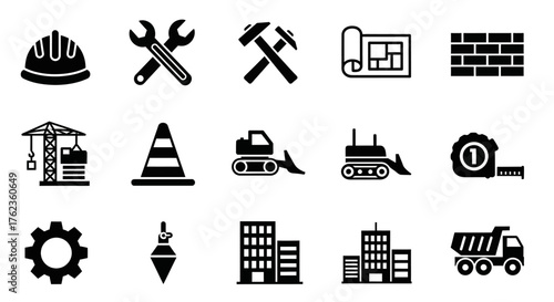 A set of black glyph icons representing the construction, building, and engineering industry