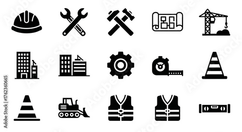 Comprehensive Collection of Construction and Engineering Icons Essential Tools, Safety Gear, and Building Elements for Industrial Projects and Development Graphics