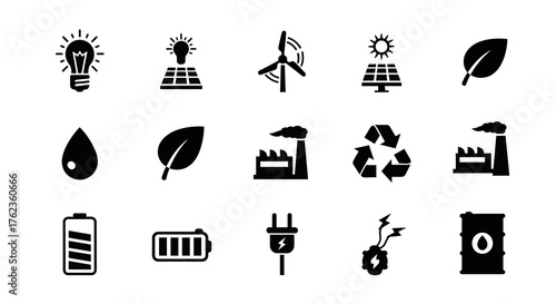 Simple Black Icons for Energy, Power, and Sustainability Concepts