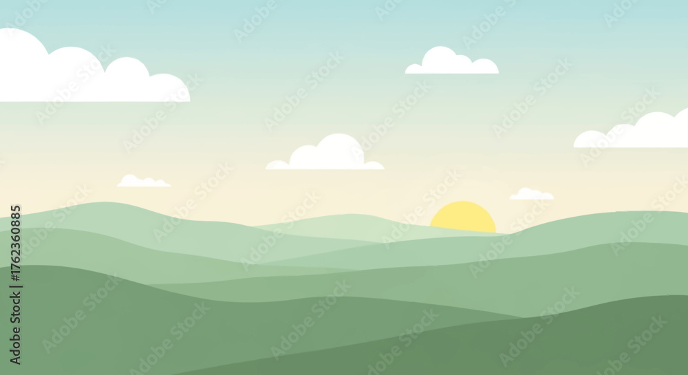 Fototapeta premium Rolling Hills Landscape Illustration with Sky and Soft Colors