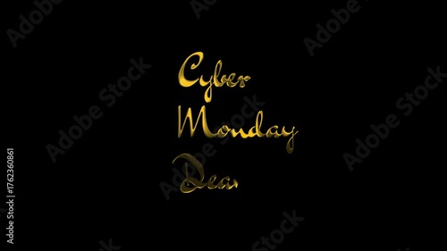 Shiny golden “Cyber Monday Deal” typography on a dark black background. Elegant metallic style suitable for online shopping promotions, digital marketing banners, and festive sale designs.