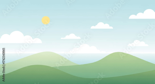 Scenic Landscape Illustration of Hills and Clouds on a Sunny Day