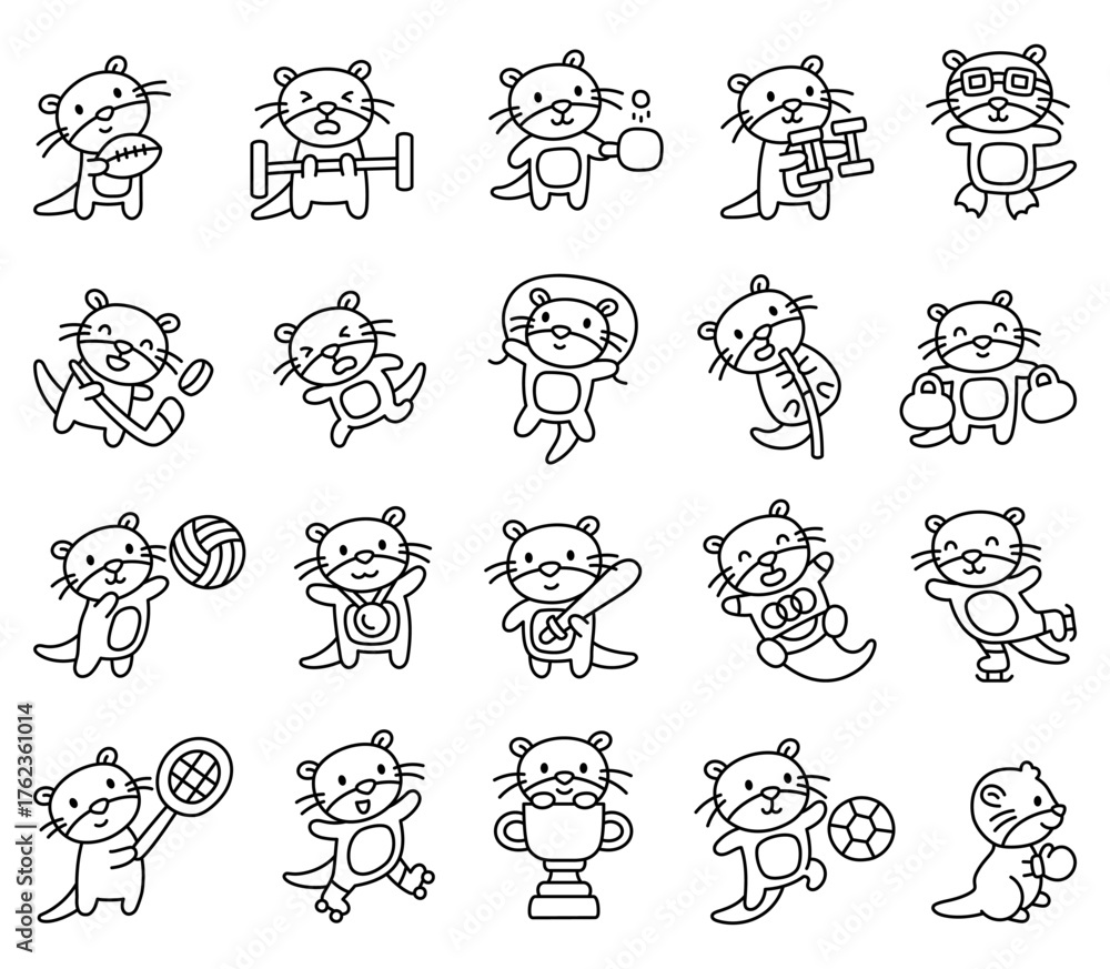 Obraz premium Otter sport set showing adorable cartoon animals