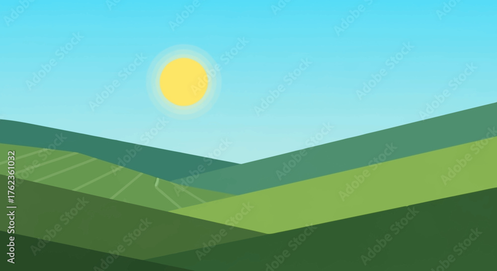 Obraz premium Vibrant and serene illustration of rolling green hills basking under a warm, bright sun in a clear blue sky