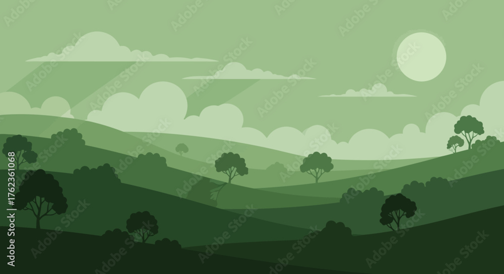 Fototapeta premium Green Hills Landscape with Trees and Sunlight Background