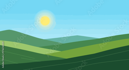 Simple vector illustration of a cartoon landscape with rolling green hills and sun