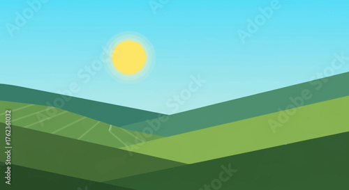 Vibrant and serene illustration of rolling green hills basking under a warm, bright sun in a clear blue sky