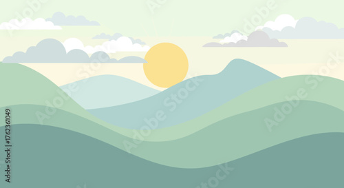 Peaceful Mountain Range Landscape at Sunrise with Pastel Color Palette