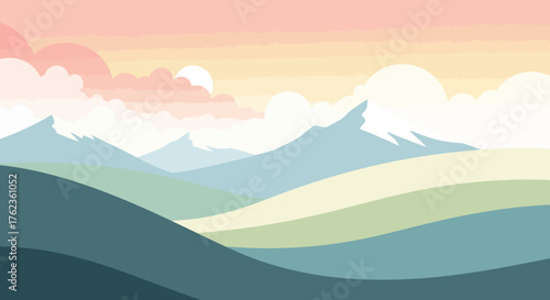 Abstract Landscape Illustration of Mountains and Rolling Hills at Sunset