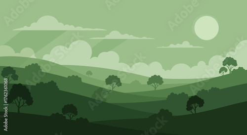 Green Hills Landscape with Trees and Sunlight Background