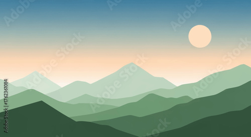 Serene minimalist mountain landscape with layered peaks and a soft, glowing sun, ideal for tranquil nature backgrounds