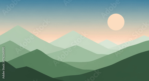 A serene minimalist landscape of layered green mountains at dawn