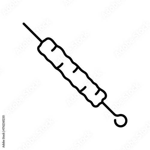 Shashlik on a skewer icon. Black outline linear silhouette. Editable strokes. Side view. Vector simple flat graphic illustration. Isolated object on a white background.