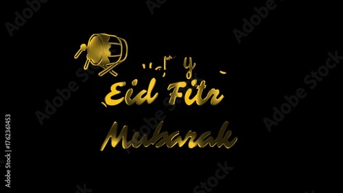 Elegant golden “Eid Fitr Mubarak” typography on a dark black background with shiny metallic style. Festive lettering suitable for holiday greetings, celebration cards, or digital posters.