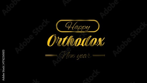 Elegant golden text reading Happy Orthodox New Year on black background, minimalist festive greeting card design with metallic shine and copy space for celebration theme.
