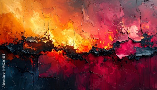 Abstract oil painting depicting fiery hues. The thick, textured surface creates a dramatic, volcanic landscape impression