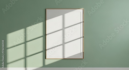 Blank Frame on Green Wall with Sunlight Mockup Interior Decoration