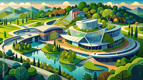  Very beautiful aerial shot of Crystal Bridges Museum of American Art in Bentonville, surrounded by reflective ponds, walking trails, and lush green trees blending culture with nature seamlessly.
