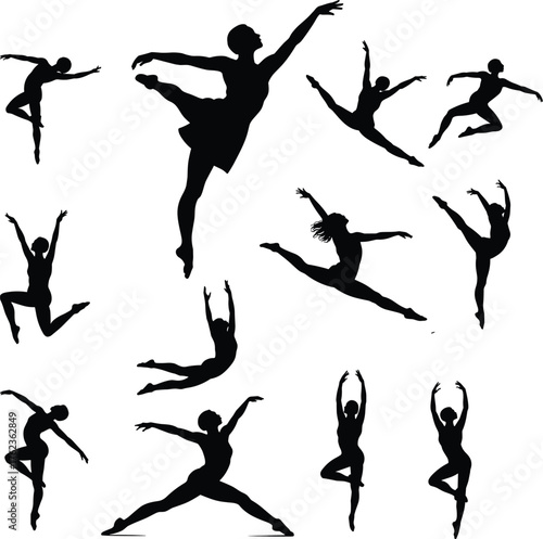 Set of black dancer silhouettes, graceful ballerina poses, contemporary dance positions, woman in motion, isolated graphic elements, flat vector illustration