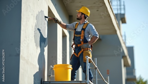 Fototapeta Naklejka Na Ścianę i Meble -  Craftsman applies grey paint to exterior wall on build. Hardhat worker stands on scaffold. Man repairs concrete wall, wears safety harness on construction site. Uses brush for facade repair. Builder