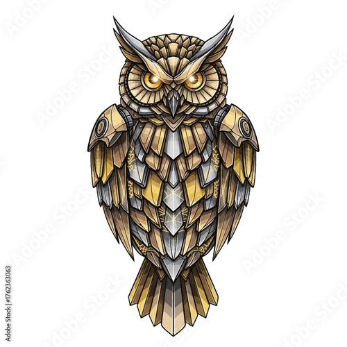 Majestic golden owl with glowing eyes, perfect for fantasy game art, logo design, or mystical brand imagery with a touch of elegant steampunk flair