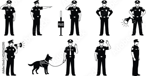 Police officer silhouette, law enforcement vector, policeman policewoman, salute attention gesture, megaphone, police dog, flashlight, pointing, security guard, authority figure, public safety,    