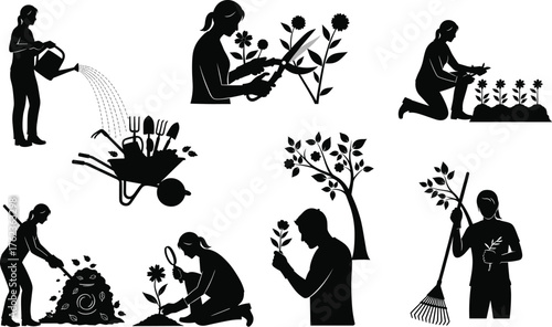 Silhouette people gardening activities, planting watering trimming composting, outdoor lifestyle teamwork illustration, sustainable horticulture artwork, black outline design vector -flat vector