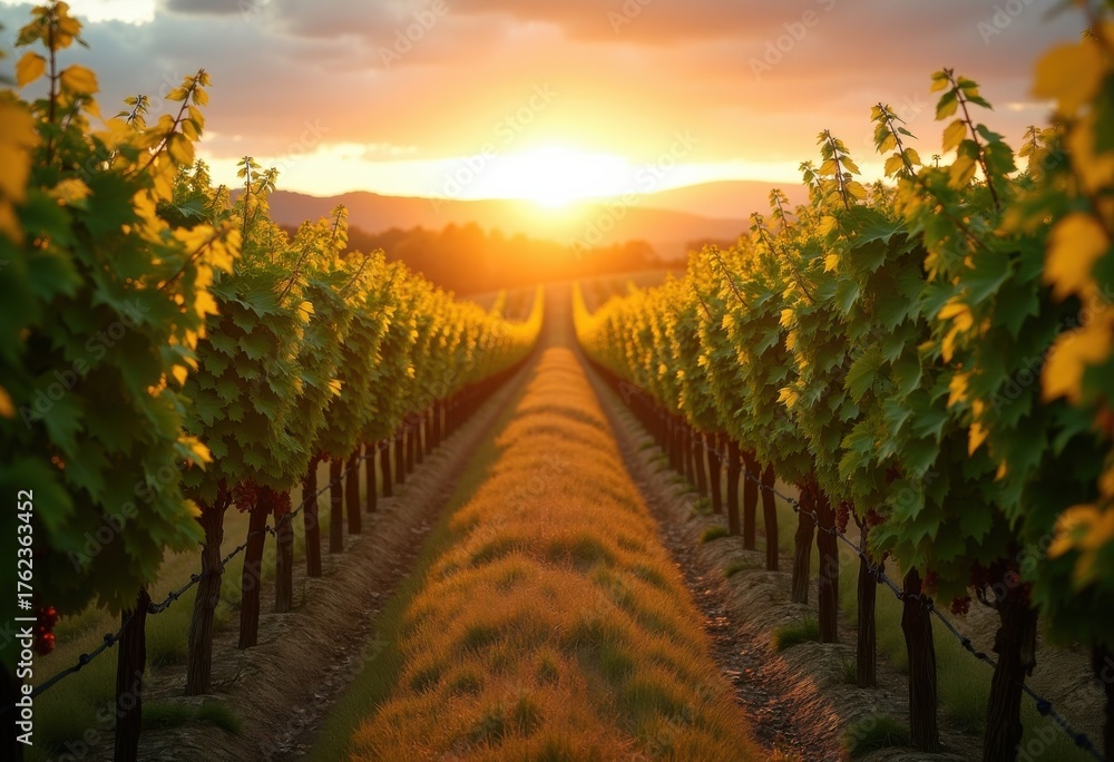 Naklejka premium Breathtaking Rows of Grapevines at Vineyard during Golden Hour with Rich Earth Tones