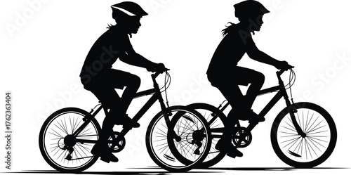 Silhouette people riding bicycles, two cyclists outdoors, helmet safety illustration, outdoor recreation, fitness activity, companionship cycling artwork, black outline design -flat vector