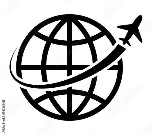 Globe with airplane icon symbolizing world travel, global tourism, international flight, air transport, logistics, worldwide delivery, business trip, and aviation industry concept