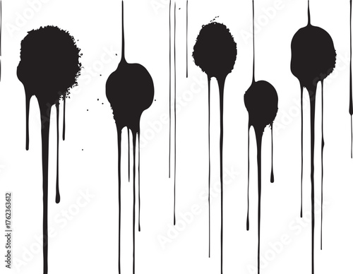 Five dripping paint splatters with vertical streaks abstract grunge texture effect black ink on white surface vector