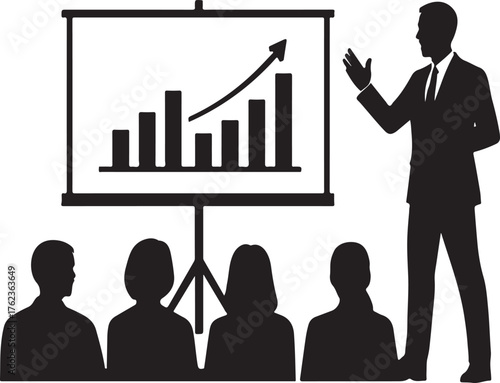 Silhouetted businessman presents growing bar chart during corporate meeting audience attentive listening to financial data analysis presentation vector