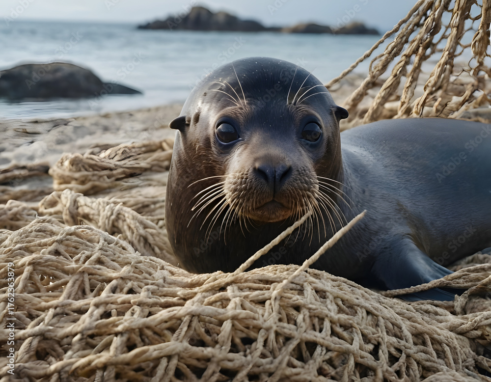 Fototapeta premium A fur seal was caught in a fishing net on the ocean shore. Close-up. Marine animal protection concept, sea lion on the beach