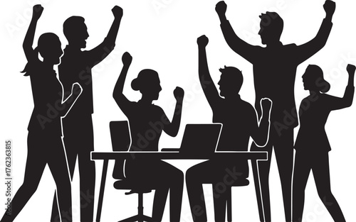 Silhouette of a diverse team celebrating success and achievement with arms raised in triumph and joyful exuberance together vector