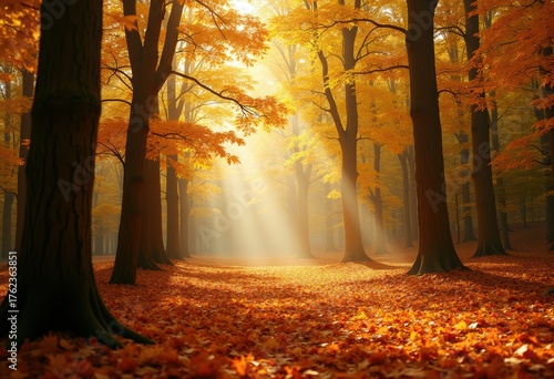 Golden Autumn Forest Sunlight Filtering Through Leaves Warm Tones Nature Serenity Invigorating Atmosphere