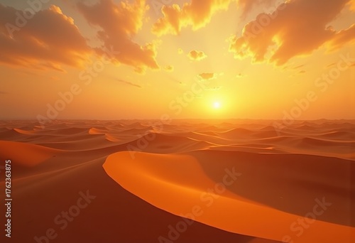 Golden Sunset Over Sprawling Desert Dunes Dreamy Horizon Flame Sky Tranquil Landscape