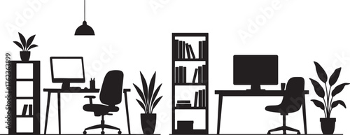Modern home office workspace silhouette with computers chairs bookshelves and plants providing a professional and productive ambiance for remote work vector