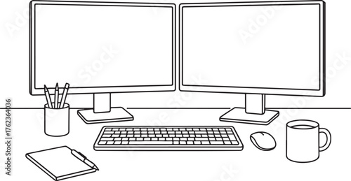 Hand-drawn sketch of a modern dual monitor computer setup featuring keyboard mouse tablet pens and coffee mug on a desk vector