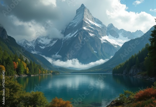 Majestic Mountain Peak Beside Tranquil Lake Under Dramatic Cloudy Sky with Lush Greenery and Reflections