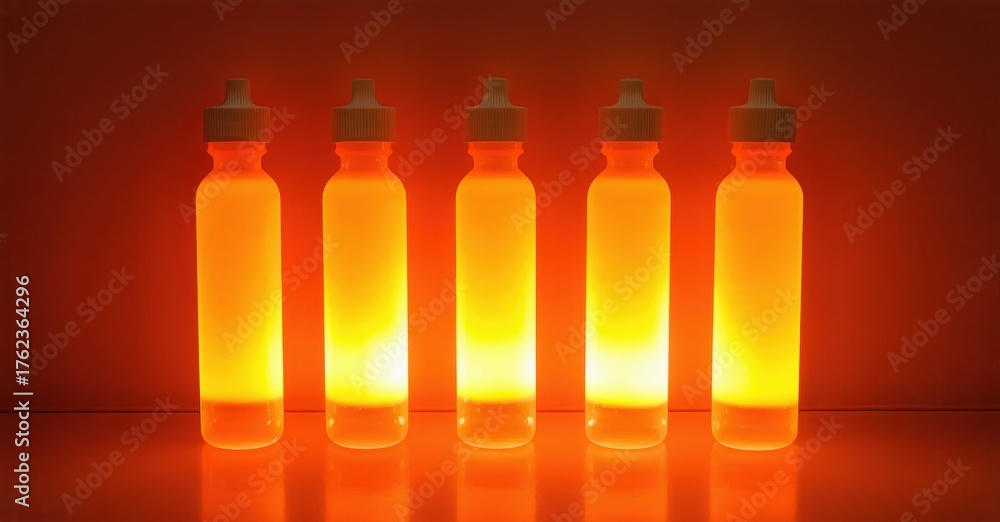 Obraz premium Bottles glow brightly. Orange liquid fills containers. Dramatic lighting creates strong reflections, shadows. Simple composition focuses on color, form.