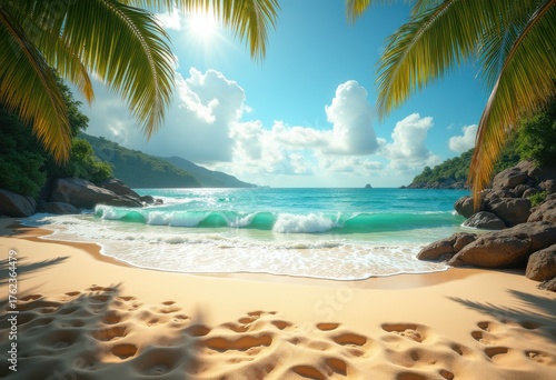 Tranquil Beach Escape Crashing Waves Soft Sand Coastal Serenity Ocean View Peaceful Retreat