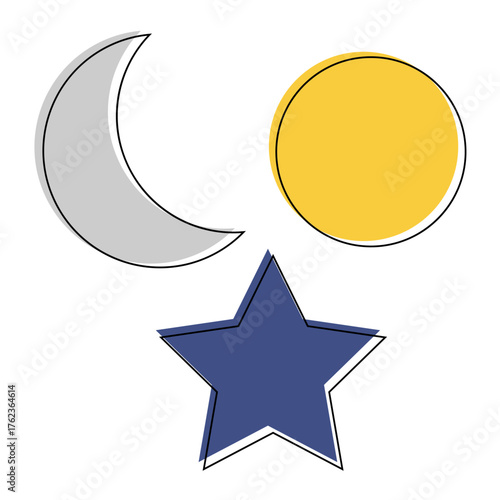 Set of simple sun, moon and star illustrations with lines