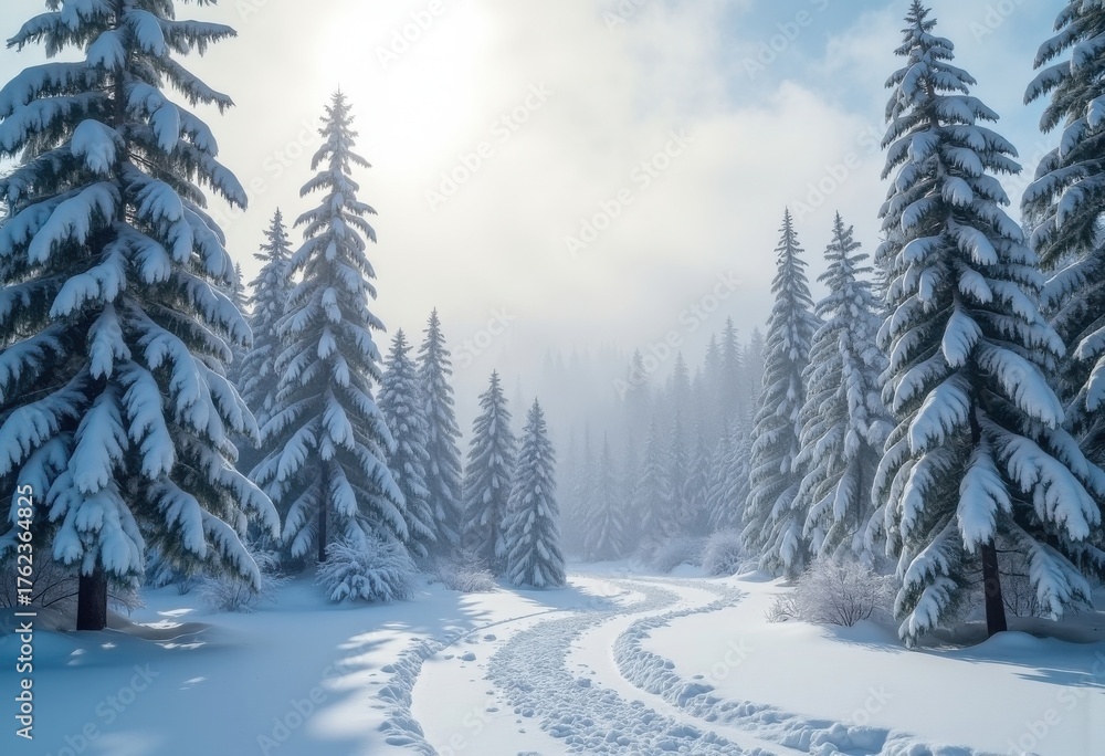 Naklejka premium Winter Wonderland Snow-Covered Pine Trees Tranquil Snowfall Landscape Crisp Air Serenity