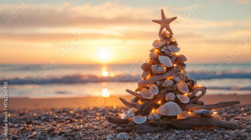 Fototapeta Naklejka Na Ścianę i Meble -  A unique Christmas tree made of seashells and driftwood stands on a sandy beach at sunset. The ocean waves gently lap at the shore in the background.