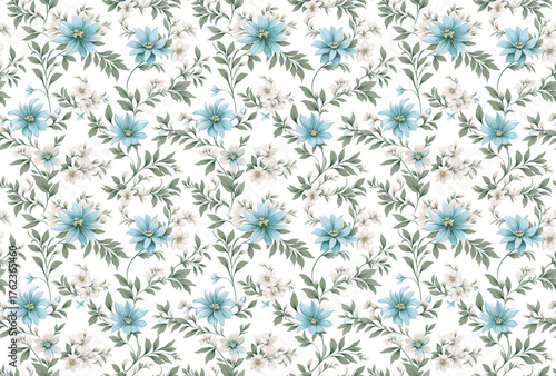 Vintage Floral Seamless Pattern. Blue and White small flowers, green leaves. Ornament vector. Hepatica, scilla, squill, chicory, flax. Delicate romantic tile motif