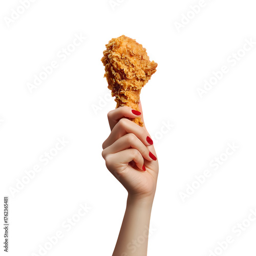 Crispy fried chicken leg held by hand with red nails on black background delicious fast food snack food on transparent background
