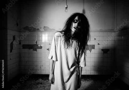 Woman patient in deserted psychiatric room. Ghostly spirit in an old abandoned asylum or mental hospital. Horror and nightmare concept for Halloween cinema banner template with copyspace.