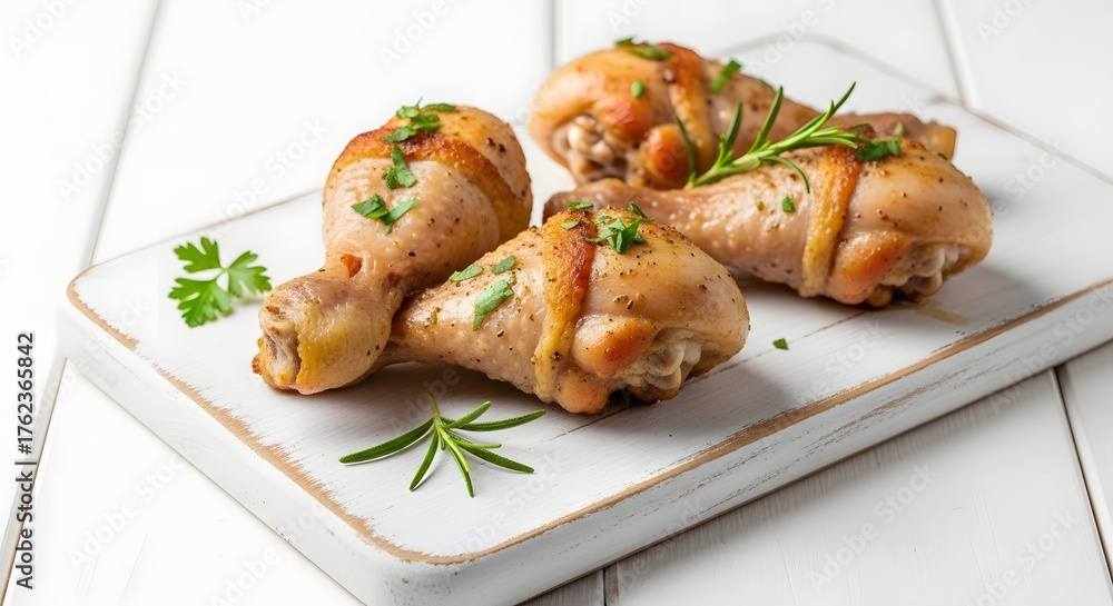 Fototapeta premium Four delicious roasted chicken drumsticks with herbs isolated on white background