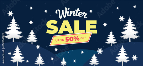 Winter Sale Banner with Yellow Contrast and Snow Tree Illustration